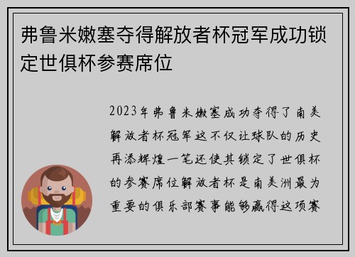 弗鲁米嫩塞夺得解放者杯冠军成功锁定世俱杯参赛席位